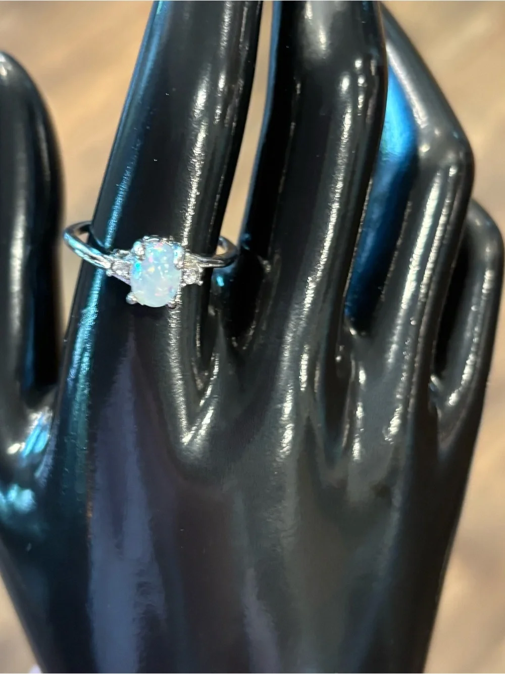 Silver Synthetic White Opal Solitaire Ring with Accent Stones~Size 10.5
